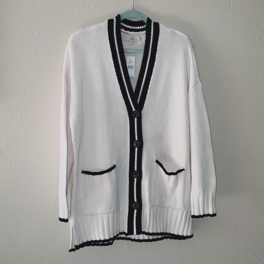 Loft Tipped Relaxed V-Neck Pocket Cardigan